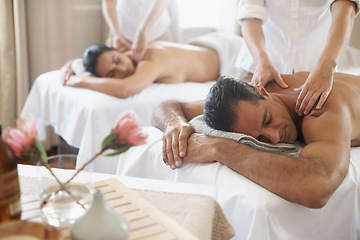 Image showing Spa, back massage to relax and couple with masseuse for luxury pamper treatment together. Beauty, wellness or therapy with mature husband and wife at resort or salon for natural stress relief