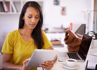 Image showing Office, typing and business woman on tablet for website, networking and internet for startup career. Creative agency, laptop and person with digital tech for planning, research and social media