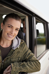 Image showing Portrait, woman or car as window on adventure, road trip or getaway for travel and leisure in Brazil. Smile, female person or traveler on driving holiday in motor transport as journey of exploration