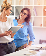 Image showing Tablet, discussion and business women in office for creative research on project in collaboration. Meeting, conversation and group of professional designers working on digital technology in workplace