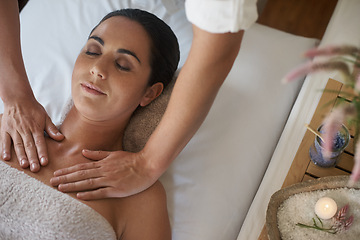 Image showing Woman, hands and massage for skin care, pamper and beauty therapy for spa treatment. Female person, destress and dermatology for detox at luxury hotel, tranquil and cosmetics for wellness glow