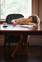 Image showing Sleeping, remote work and tired woman with books, fatigue or snooze while writing in home office. Freelance, burnout or female writer with pen in a house exhausted by reading, research or novel notes