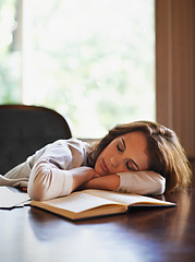 Image showing Sleep, remote worker and tired woman with books, fatigue or snooze while writing in home office. Freelance, burnout or female writer nap in a house exhausted by reading, research or novel notes