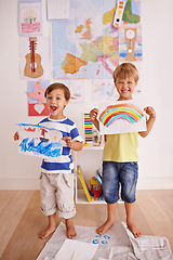 Image showing Excited, children and portrait with paper for artwork, display and presentation of drawing in playroom. Smile, kids and painting with happiness for creative, success and future artist in home