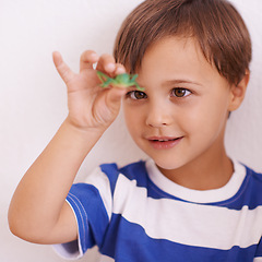 Image showing Child, learning and happy to study an insect closeup with investigation for science education. Kid, check and observe bug in inspection on studio background for biology, knowledge and development
