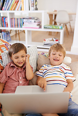 Image showing Laptop, children and siblings on a sofa with cartoon, film or streaming movie at home. Computer, learning or boy kids in a house for google it, search or ebook storytelling, show or Netflix and chill