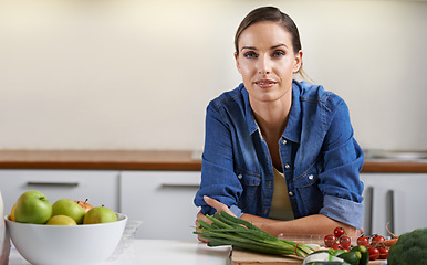 Image showing Cooking, kitchen and portrait of woman with vegetables on wooden board for wellness, meal prep and nutrition. Healthy diet, home and person with ingredients for vegetarian dinner, lunch and supper