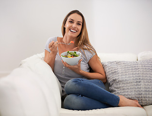 Image showing Portrait, salad and happy woman on home sofa, diet and nutrition for heath and detox. Weight loss, food and vegetables for vegan female person, vitamins and fibre for digestion and wellness benefits