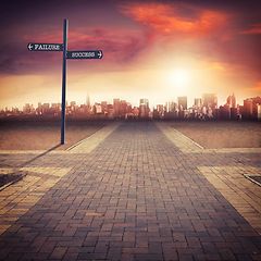 Image showing Crossroads, business and decision at road sign for future direction to city for career opportunity, choice or location. Street, options and journey dilemma for employee question, intersection or path