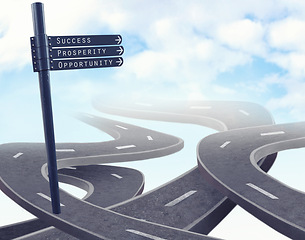 Image showing Highway, road and business decision or future opportunity with crosswalk or career, choice or sign. Street, direction and journey or corporate company growth or pathway split, options or intersection