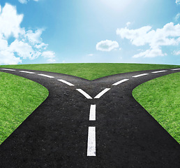 Image showing Crossroads, intersection and directions or choice journey or future decision with blue sky, grass or navigation. street, spilt and pathway or adventure options or dilemma or travel, location or guide