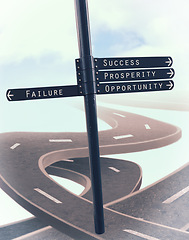 Image showing Highway, road sign and business for decision choice or opportunity with crosswalk, future or dilemma. Street, direction and journey or corporate company growth or pathway, options or intersection