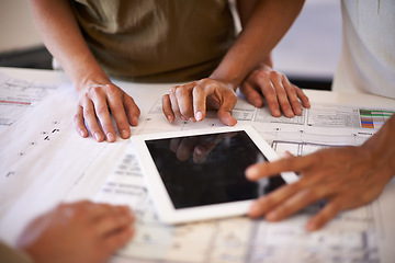 Image showing Architect, hands and group with tablet, blueprint and mockup space on desk with teamwork for planning. People, digital touchscreen and documents for sketch with property, expansion and illustration