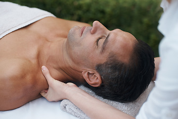 Image showing Spa, man and shoulder with massage for relax at resort, luxury hotel and vacation for wellness and therapeutic pamper. People, masseuse and body care with skin treatment, hospitality and zen outdoor