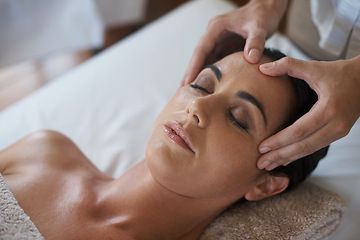 Image showing Woman, hands and facial massage for skin care, pamper and beauty therapy for spa treatment. Female person, destress and dermatology for detox at luxury hotel, peace and cosmetics for wellness glow