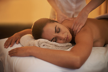 Image showing Relax, back massage and woman at spa for skincare, peace and calm at luxury resort at table. Beauty, therapy and person at salon for body treatment, health and hands of masseuse pamper for wellness