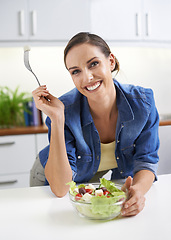 Image showing Happy woman, portrait and kitchen with salad bowl for natural nutrition, healthy eating or diet at home. Face of female person or vegetarian with smile for vegetables, vitamins or fiber at the house