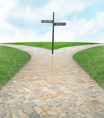 Image showing Fork, road or crossroads for direction on path, abstract or choice in life on future career. Decision point, journey or street for failure or success, destiny or opportunity for trouble or victory