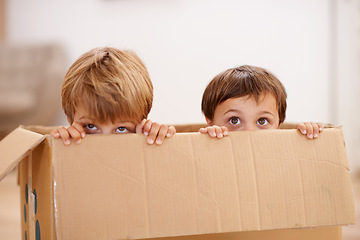 Image showing Box, children and eyes of siblings playing in a house with fun, bonding and hide and seek games. Cardboard, learning and curious kid brothers in a living room with fantasy, imagine or hiding at home