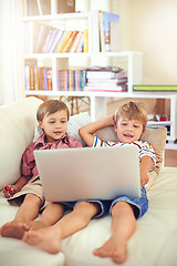 Image showing Laptop, relax and children on sofa in home, learning and family streaming cartoon on internet together. Computer, kids and boys in living room for education, movies or brothers with games in house