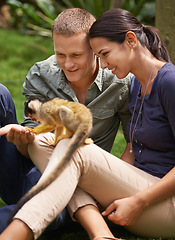 Image showing Monkey, nature and park with couple at zoo together for outdoor activity or interactive experience. Date, love or smile with happy young man and woman bonding at animal sanctuary for sustainability