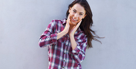 Image showing Portrait, surprise and woman with news, gossip and announcement on grey background. Face, person and model with emoji and shocked with wow and omg with wtf and excited with discount deal and reaction