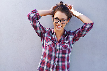 Image showing Woman, glasses or smile in fashion, casual or student aesthetic as happy and cool designer apparel. Gen z, female person or nerd in eyeglasses in contemporary, trendy or checkered shirt on mock up