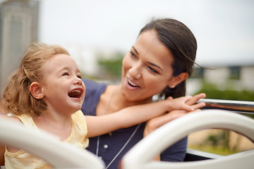 Image showing Smile, mother and child travel on bus together on vacation, holiday and family trip outdoor. Happy girl, kid and mom on journey, funny and laughing tourist excited for sightseeing on transportation