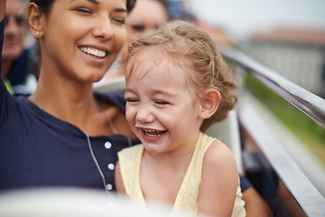 Image showing Family, woman and child are happy on bus for travel or journey and bonding together for break and fun on weekend. Mother, daughter or girl on road trip for holiday, smile and laugh for development