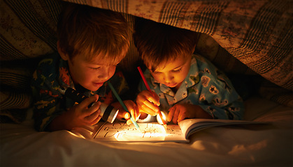 Image showing Flashlight, blanket and children at night with happiness in dark with drawing in a book. Friends, relax and sketch on notebook with torch or light under duvet at sleepover with a pillow tent