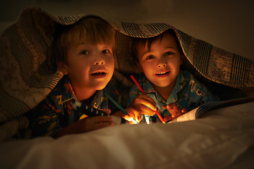 Image showing Blanket, flashlight and portrait of children at night with happiness, drawing in a book. Friends, relax and sketch on notebook in dark with light or torch under duvet at sleepover with a pillow tent