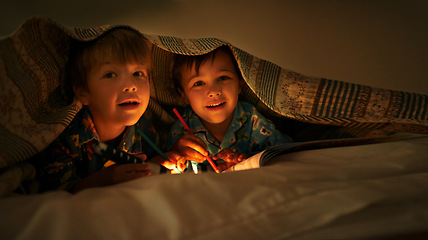 Image showing Blanket, flashlight and children at night with happiness in portrait with drawing in a book. Friends, relax and sketch on notebook in dark with light or torch under duvet at sleepover in pillow tent