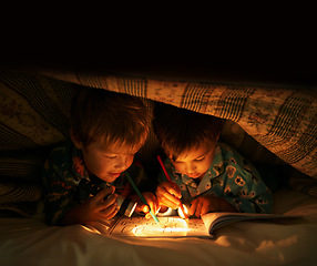 Image showing Flashlight, blanket and children at night with happiness in dark with drawing in a book. Friends, relax and sketch on notebook with torch or light under duvet at sleepover with a pillow tent