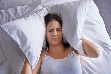 Image showing Bed, insomnia and woman frustrated with sleeping with anxiety, restless and unhappy on soft mattress. Apartment, home and female person depressed with mental health in bedroom of house at night