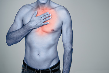 Image showing Hand, chest pain or man with heartburn in studio with inflammation, discomfort or injury space. Red glow, topless body or person with healthcare emergency, ache or strain by grey background mockup