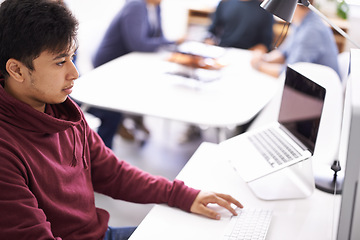 Image showing Laptop, programmer and man typing for update in office with information technology for cybersecurity. Coder, employee and male person writing on keyboard for test of software and application