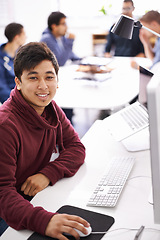 Image showing Computer, programmer and portrait of man with smile, software and update of information technology. Coder, employee and male person typing on keyboard for test of creativity in application of office