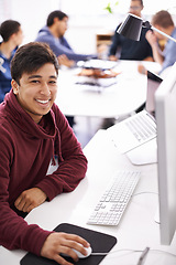 Image showing Computer, programmer and portrait of happy man, software and update of information technology. Coder, employee and male person typing on keyboard for test of cybersecurity in application of office