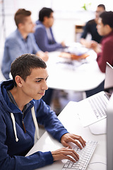 Image showing Laptop, programmer and man on software for update in office with information technology for cybersecurity. Coder, employee and male person typing on keyboard of computer for test of applications