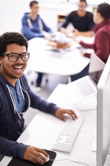 Image showing Happy man, portrait and laughing with computer in creative startup, research or development at office. Face of male person, nerd or geek with smile for technology or digital career at the workplace