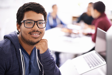 Image showing University, glasses and portrait of man with laptop for research, study or opportunity for education. Computer, knowledge and face of happy college student with online course, pride and confidence.