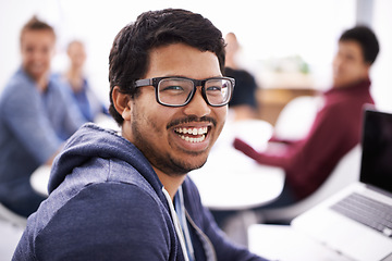 Image showing Closeup, student and man in study group with smile for exam preparation on campus, teamwork and collaboration. Laptop, people and happy or satisfied in class with notes for revision and test