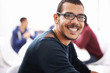 Image showing College, student and man in study group with smile for exam preparation, teamwork and collaboration. Close up, male person and people in happiness or satisfied in class with notes, revision and test