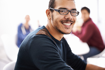 Image showing University, students and man in study group with happiness for exam preparation, teamwork and collaboration. Closeup, male person and smile or satisfied in class with notes for revision and test
