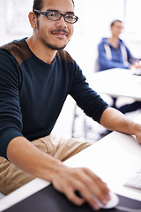 Image showing Happy man, portrait and glasses with computer for creative startup in research and development at office. Handsome male person, nerd or geek working on desktop PC for design or project at workplace