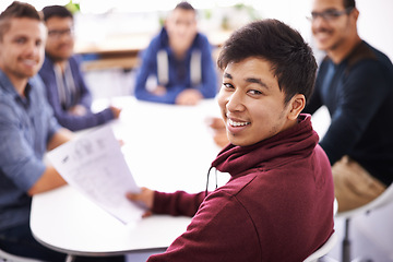 Image showing Students, men and study group with smile for exams preparation or presentation with teamwork and collaboration. Male person, people and happy or satisfied in class with notes for revision and test