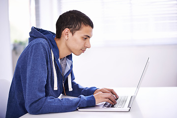 Image showing University, typing and man with laptop for research, study or elearning with education, knowledge and opportunity. Computer, reading and college student writing report for online course at desk.