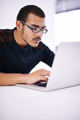 Image showing Elearning, glasses and man typing on laptop for research, study or opportunity for university education. Computer, knowledge and college student with online course for programming, software or coding