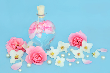 Image showing Rosewater for Skincare with Rose and Orange Blossom Flowers