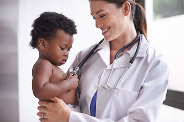 Image showing Hospital, pediatrician and woman with baby, boy and checkup with wellness and doctor with kid. Medical, professional and employee with healthcare and infant with appointment and medicare with tools